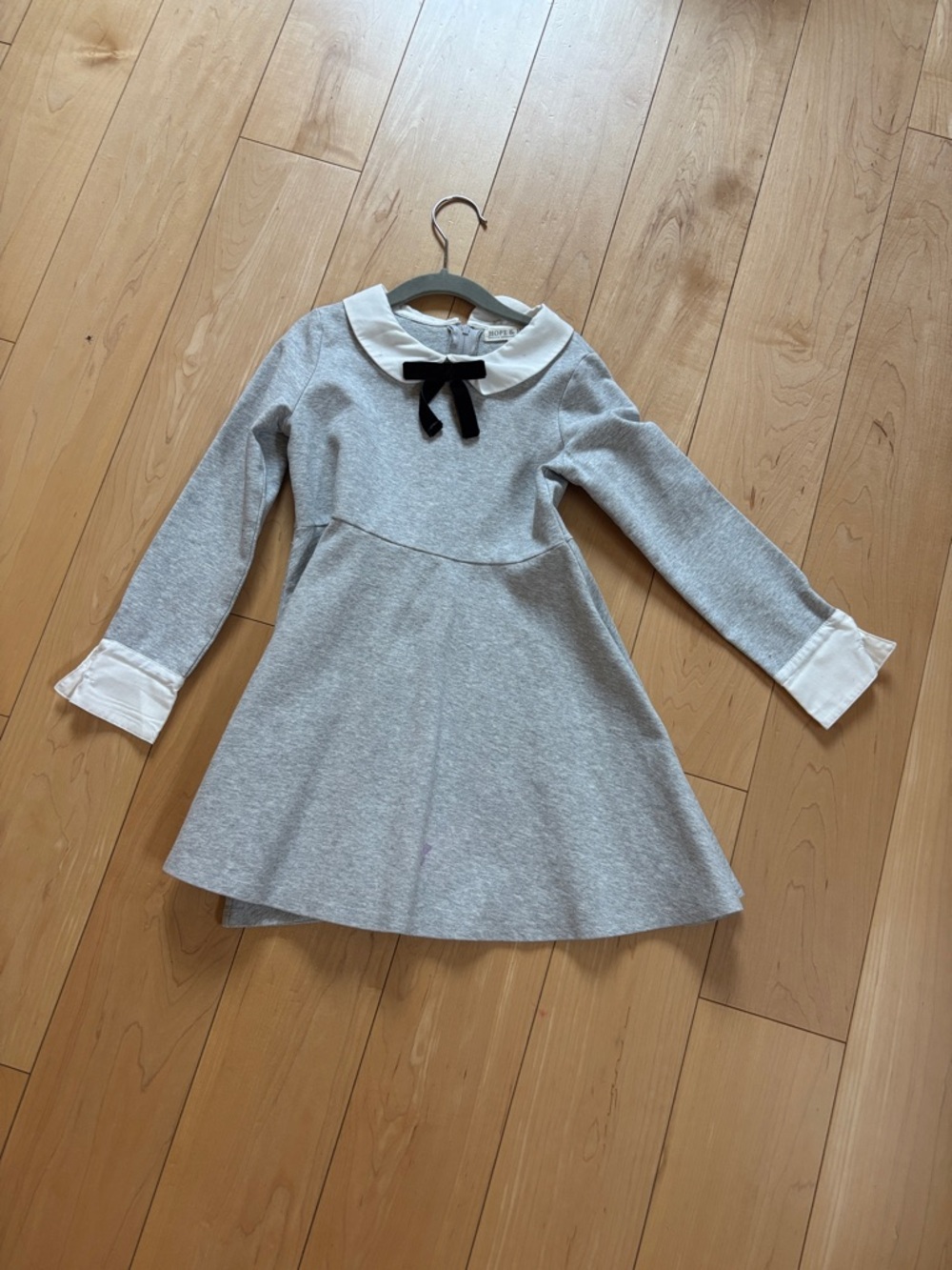 Girls' Grey Knit Dress with White Collar and Black Bow